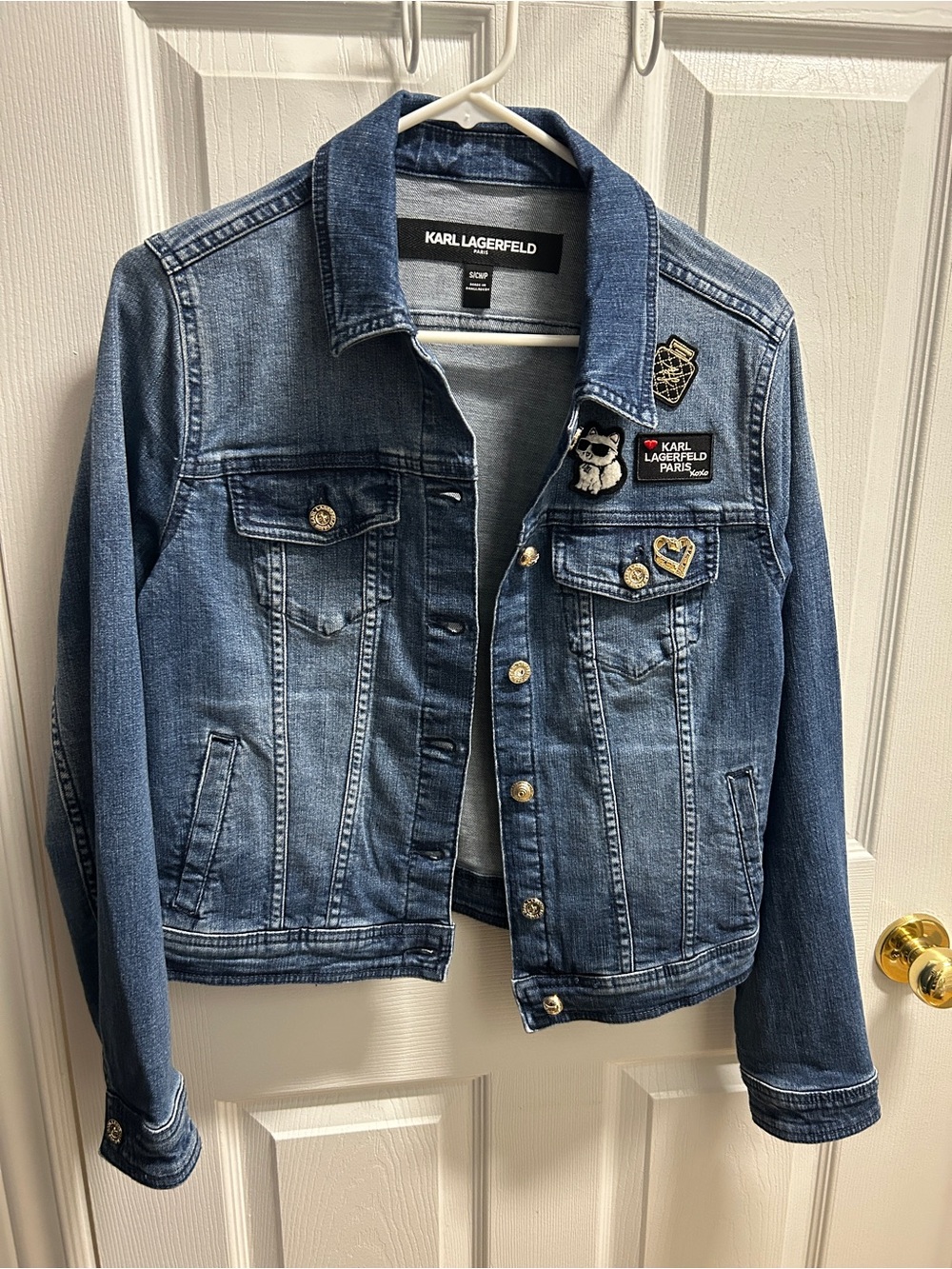 Karl Lagerfeld Blue Denim Jacket with Logo Patches- SZ SMALL - NWOT - Picture 10 of 10